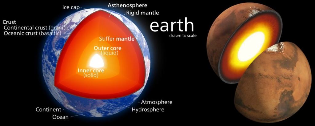 La Terra e Marte sono entrambi corpi differenziati, il che significa che sono composti da diversi strati di materiale con densità diverse. Il materiale più denso è affondato nei nuclei. Tuttavia, sappiamo molto di più sull'interno della Terra che su Marte