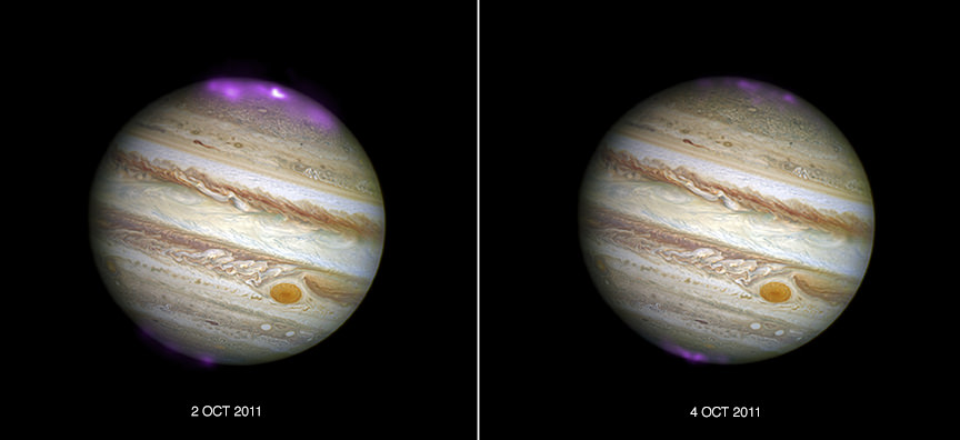 Le immagini composite dell'Osservatorio a raggi X Chandra e del telescopio spaziale Hubble mostrano le aurore a raggi X iperenergetiche di Giove. L'immagine a sinistra è delle aurore quando l'espulsione della massa coronale ha raggiunto Giove, l'immagine a destra è quando le aurore si sono abbassate. Le aurore sono state innescate da un'espulsione di massa coronale dal Sole che ha raggiunto il pianeta nel 2011. Immagine: Raggi X: NASA/CXC/UCL/W.Dunn et al, Ottica: NASA/STScI