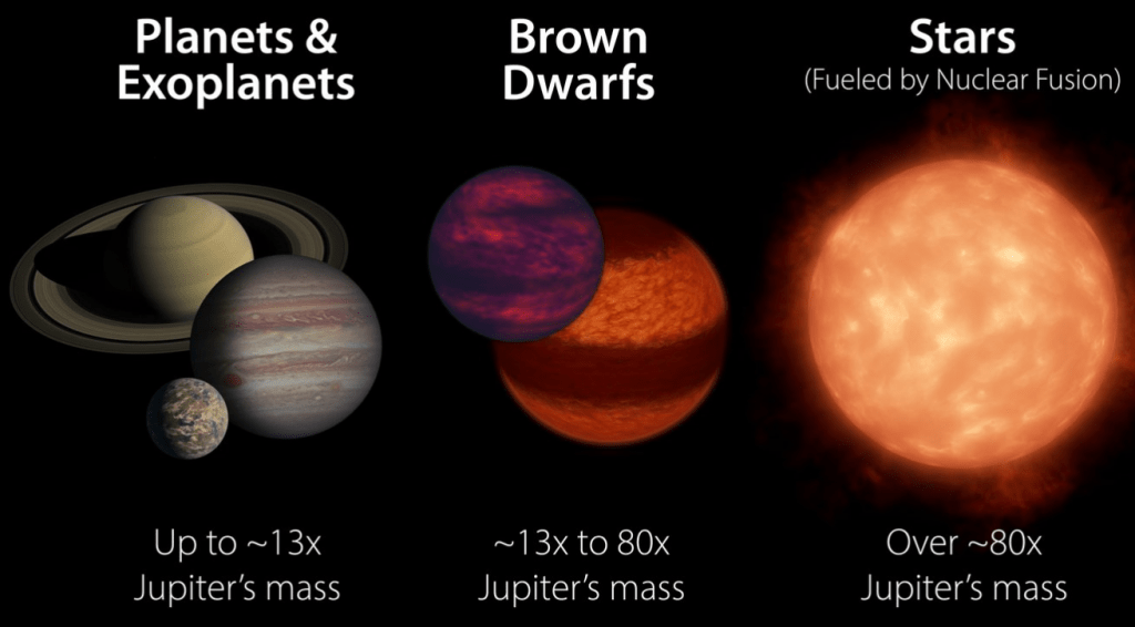 Rappresentazione grafica delle dimensioni dei pianeti nane brune rispetto ai pianeti e alle altre stelle.