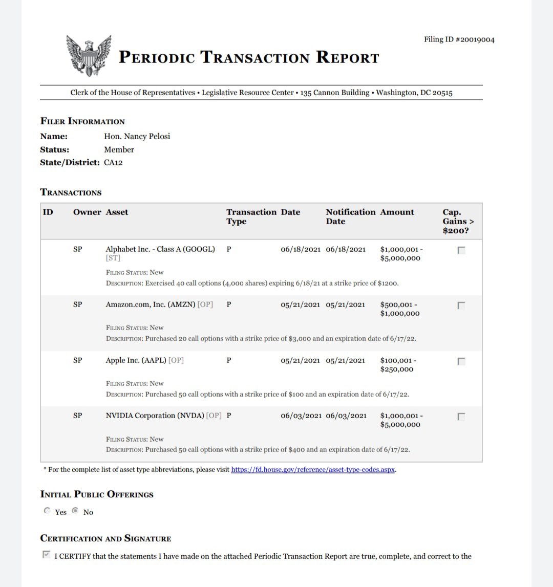 Rapporto periodico sulle transazioni di Nancy Pelosi che mostra il suo investimento in opzioni call
